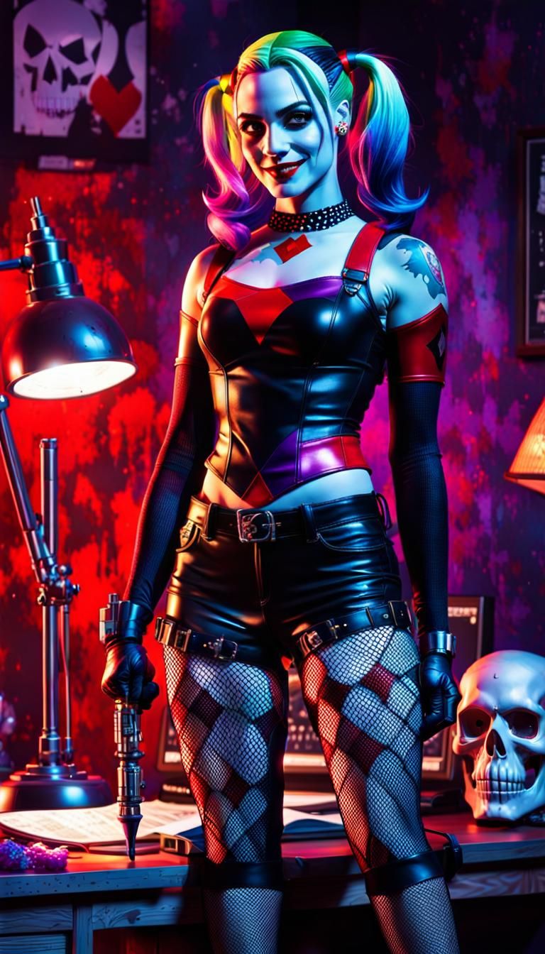 L.E.D. Desk Lamp shining brightly of Harley Quinn in her traditional costume