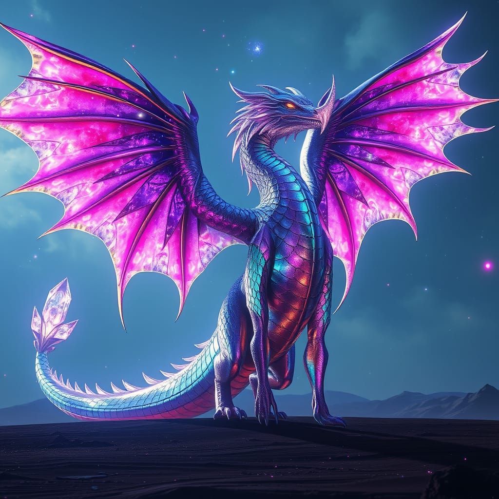 Majestic 200-Foot-Tall Dragon with Iridescent Scales and Tem...