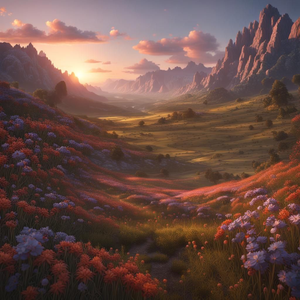 Wildflower Valley Sunset: Detailed Matte Painting
