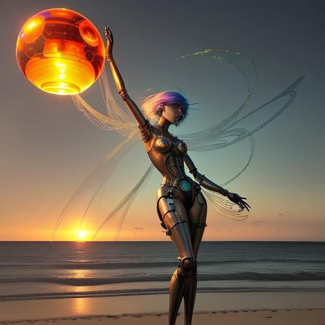 Mannequin with Plasma Ball on Beach in Surreal Style