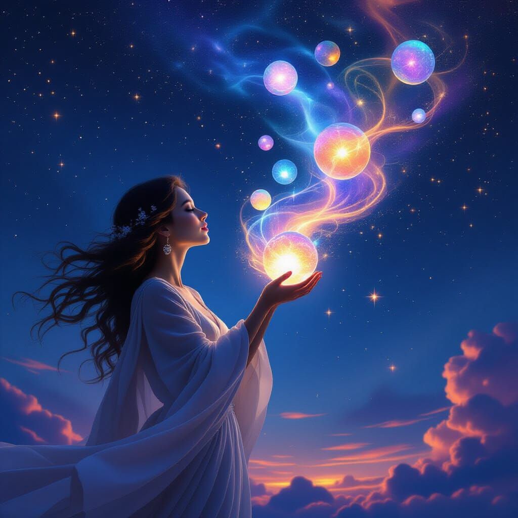 Woman Releases Glowing Orbs Into Starry Night Sky