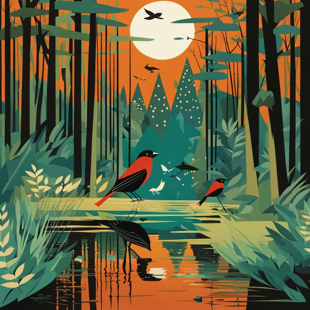 Minimalist Nature Scene in Mid-Century Modern Style