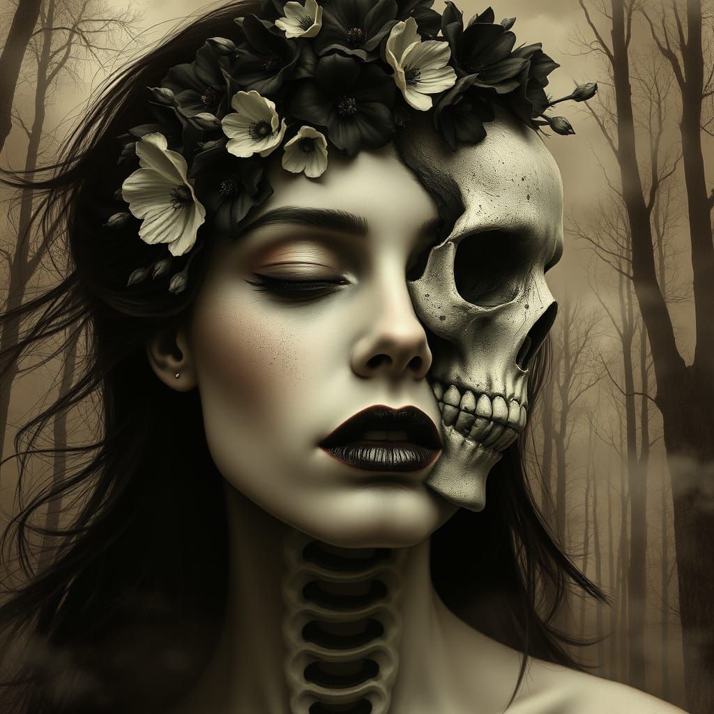 Surrealistic Beauty Unveils Mortal Fate in Sepia Hues