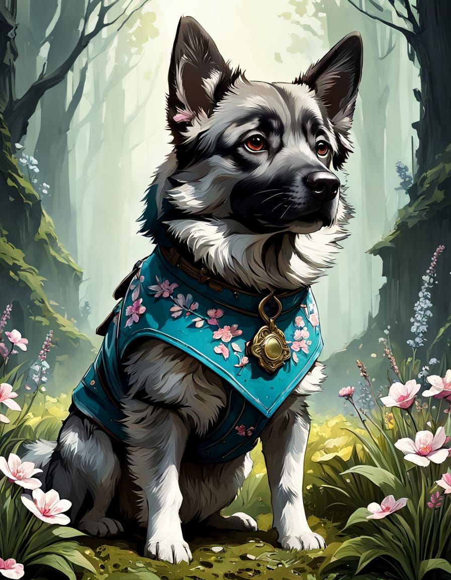 Charming Norwegian Elkhound Puppy in Vibrant Floral Attire