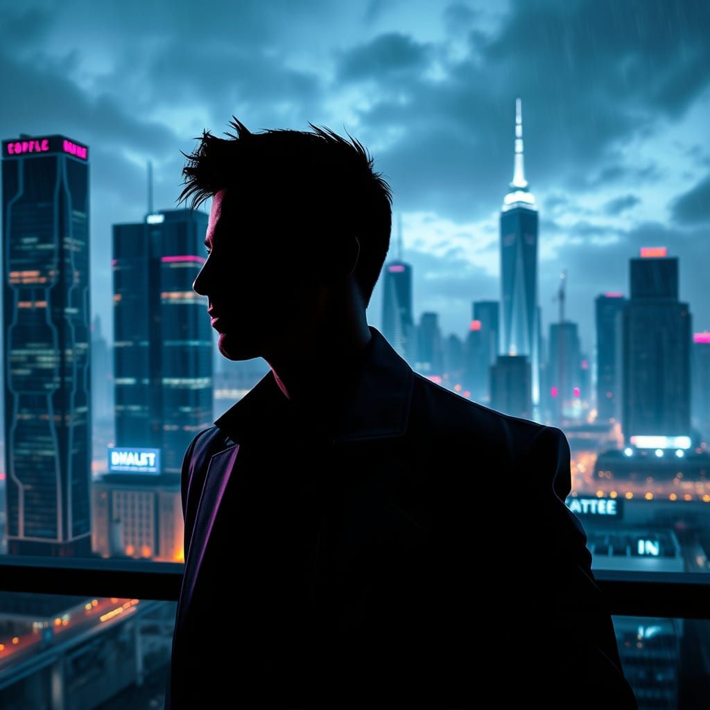 Futuristic Cityscape Silhouette at Night in Cyberpunk Style