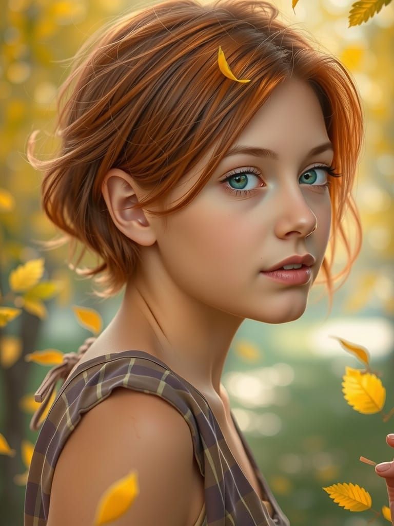 Innocent Red-Haired Girl Close-Up Portrait in Warm Golden Li...
