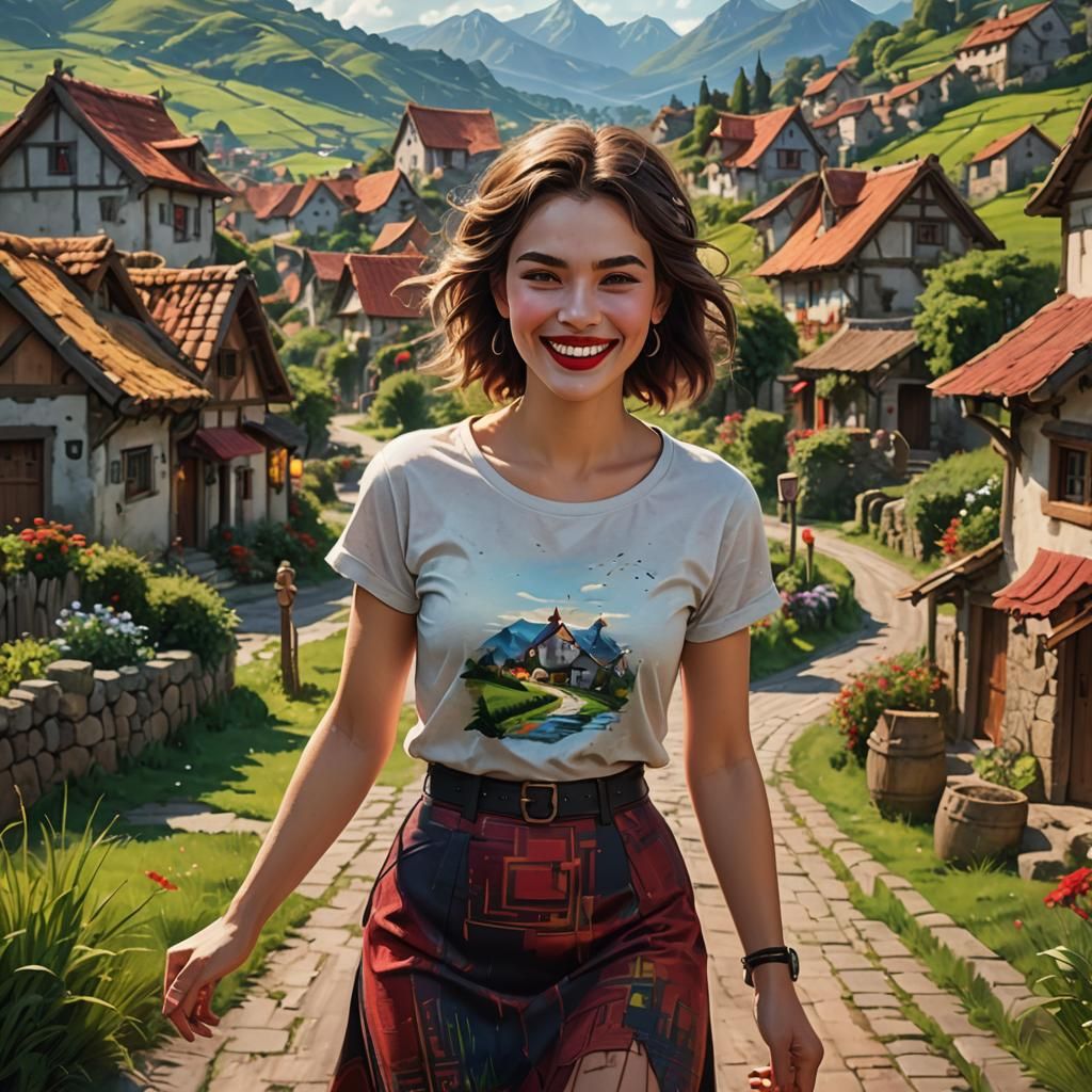 Woman Walking in Village: Fantasy Matte Painting