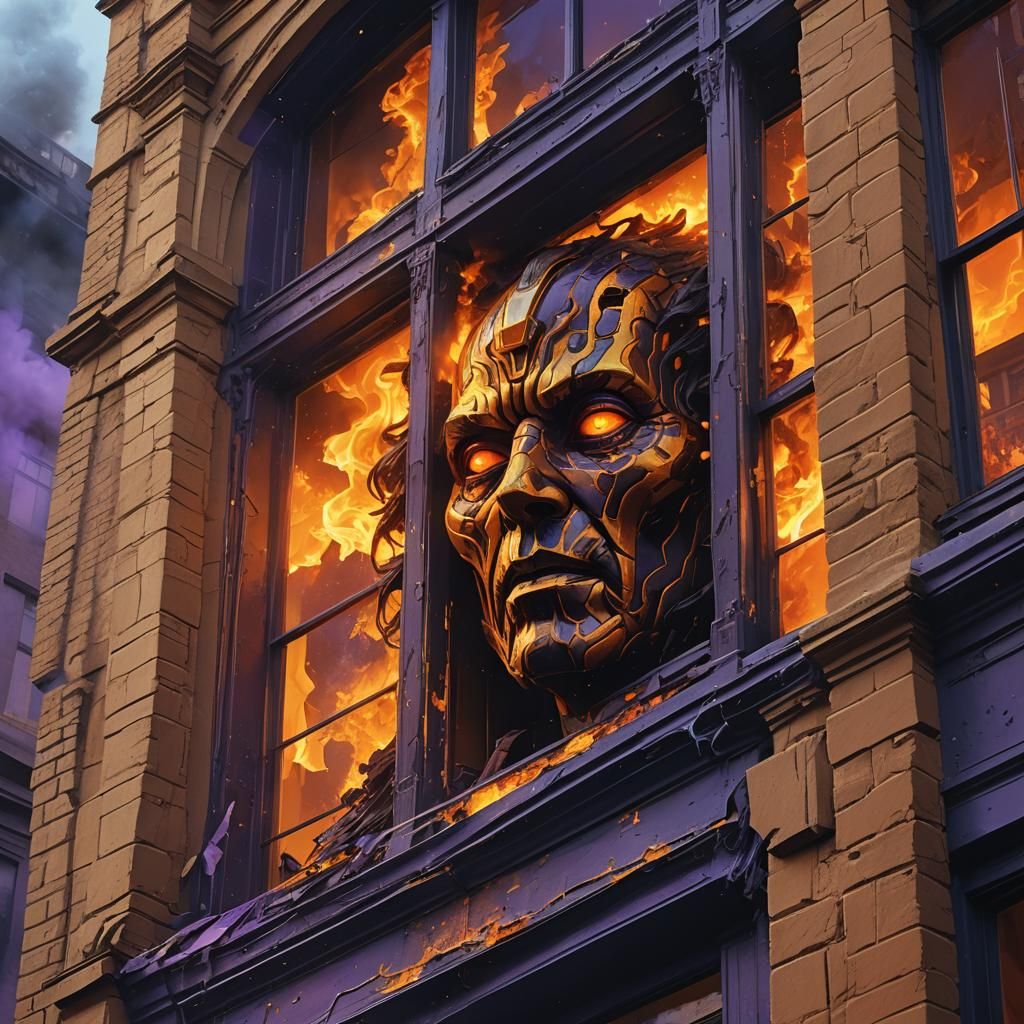 Cyberpunk Inferno: Fiery Vista Through a Burning Window