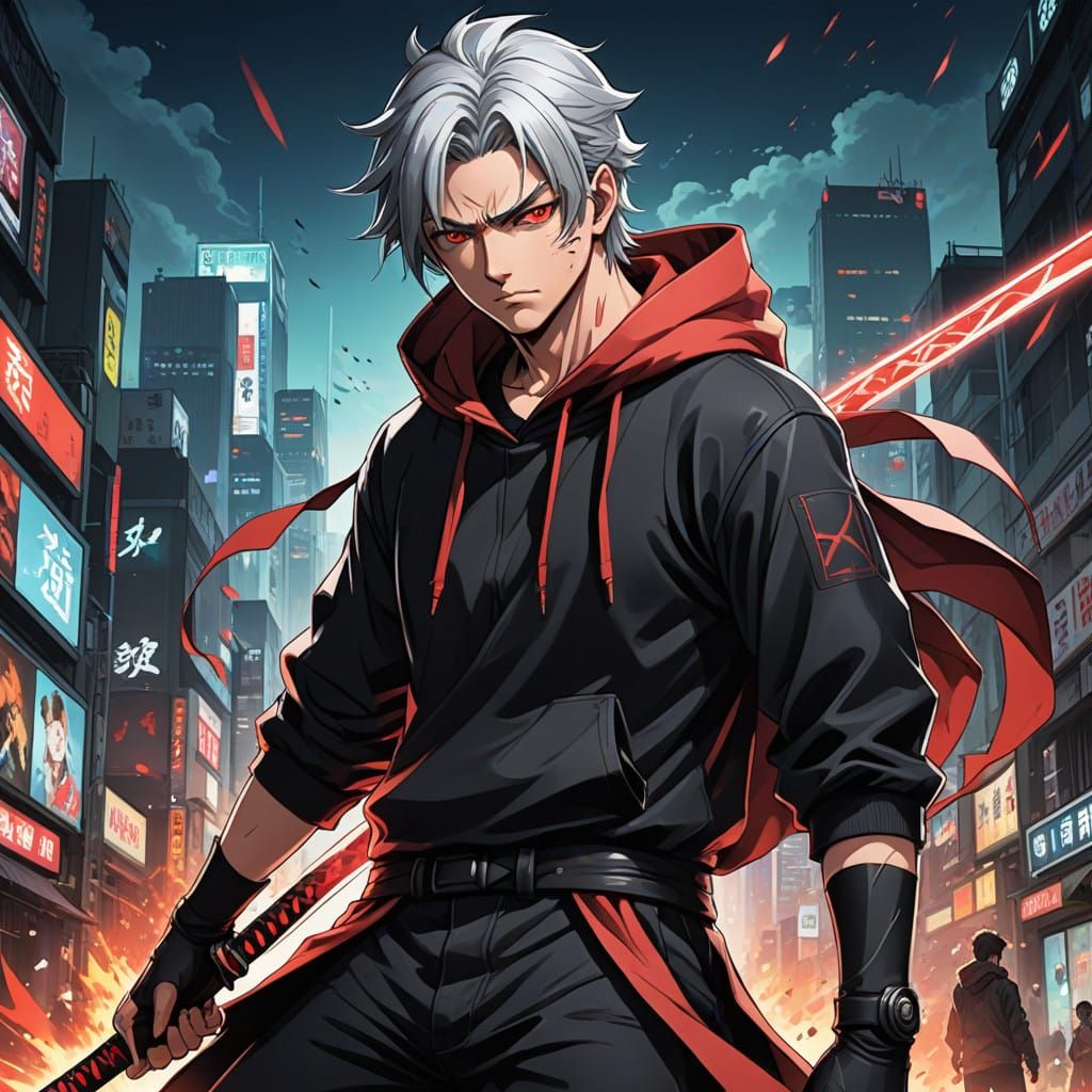 Confident Silver-Haired Warrior in Bold Black and Red