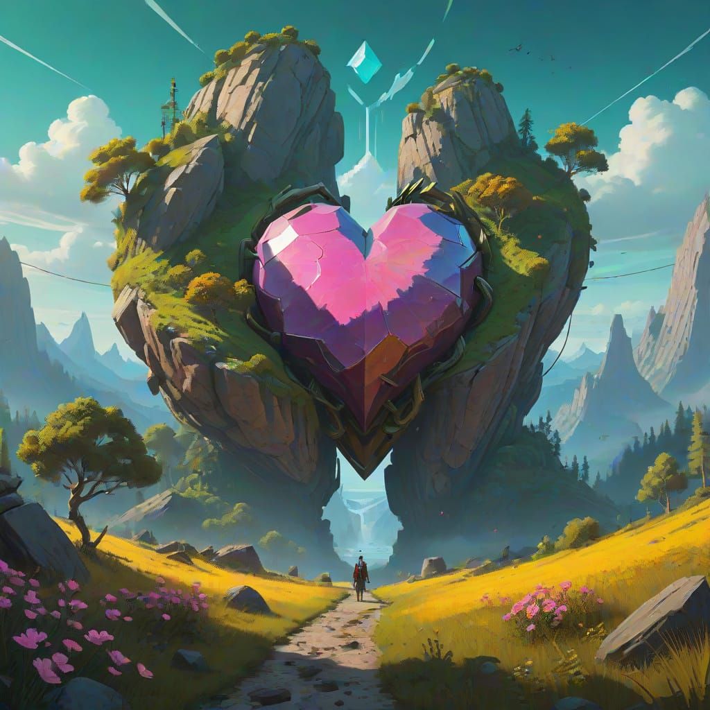 Breathtaking Fantasy Landscape with Colossal Heart-Shaped Ro...