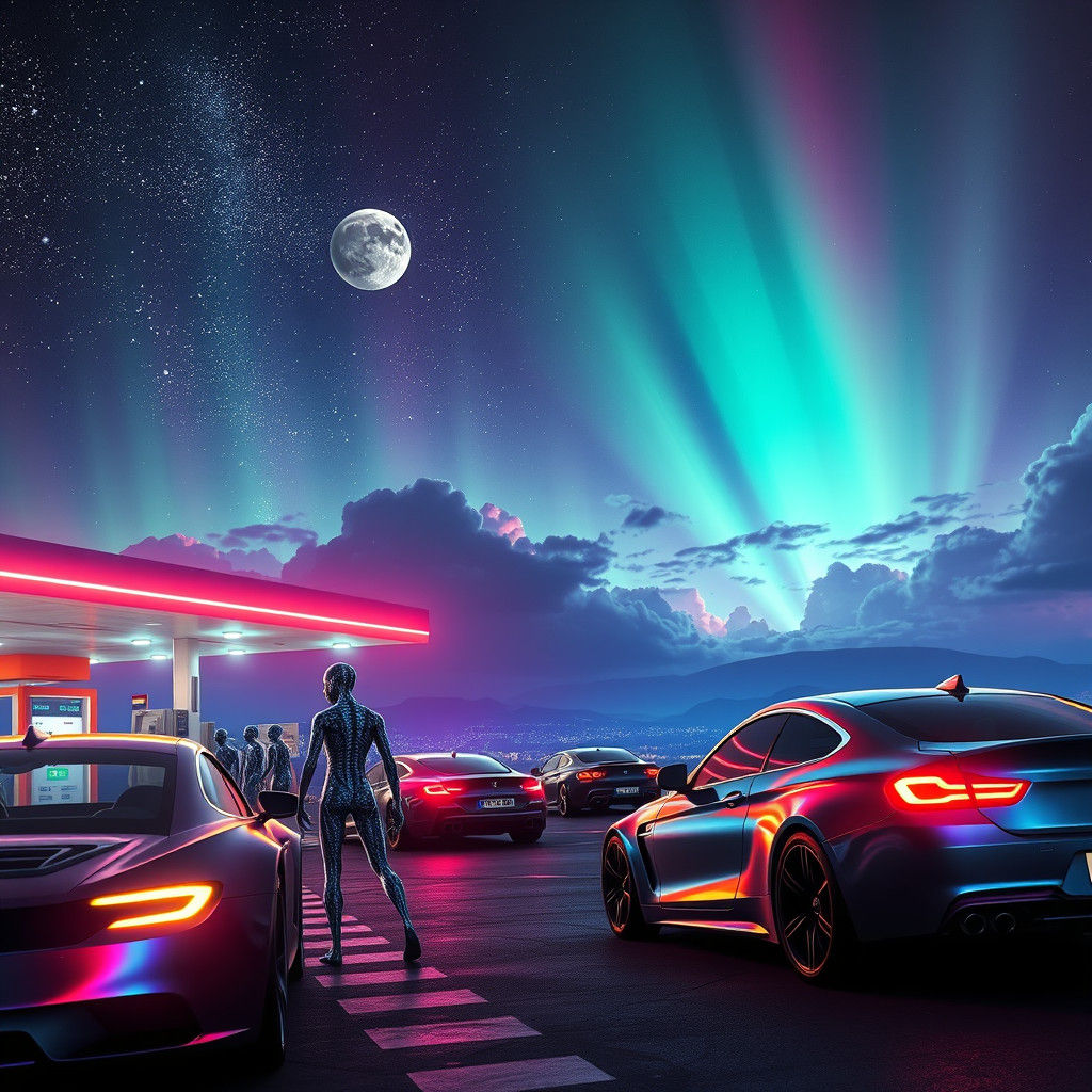Intergalactic Gas Station with Neon Lights and Glowing Alien...