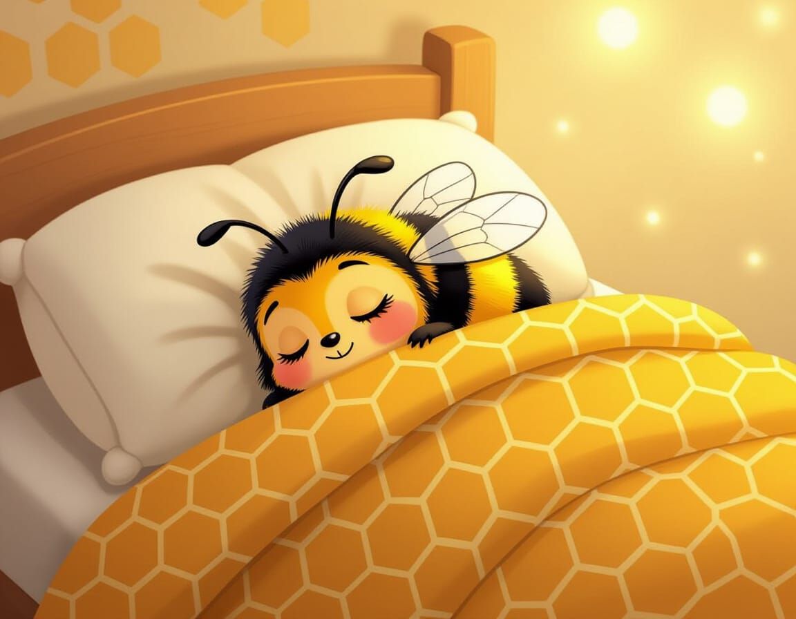 Cartoon Bumblebee Sleeping in Honeycomb Bed
