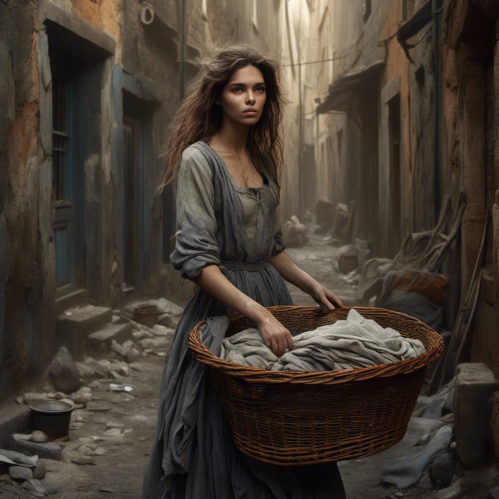 Gaunt Woman Gathers Laundry in Dim Alleyway