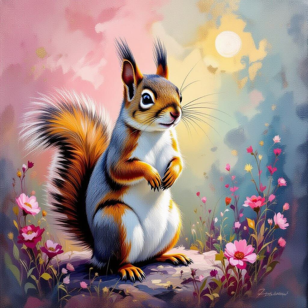 Fashionable Squirrel in Radiant Mixed Media Art