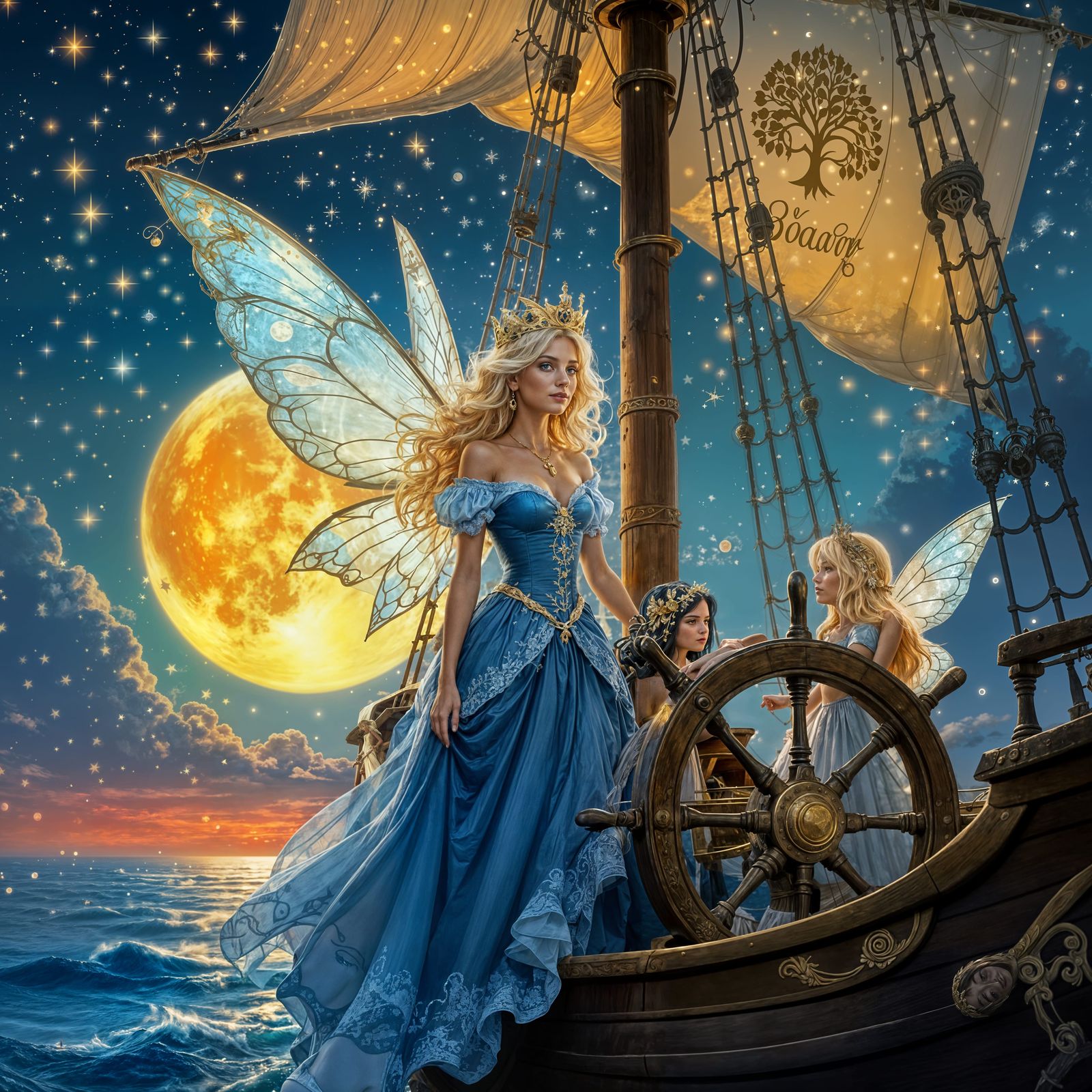 Queen Mab Commands Ship Under Giant Orange Moon