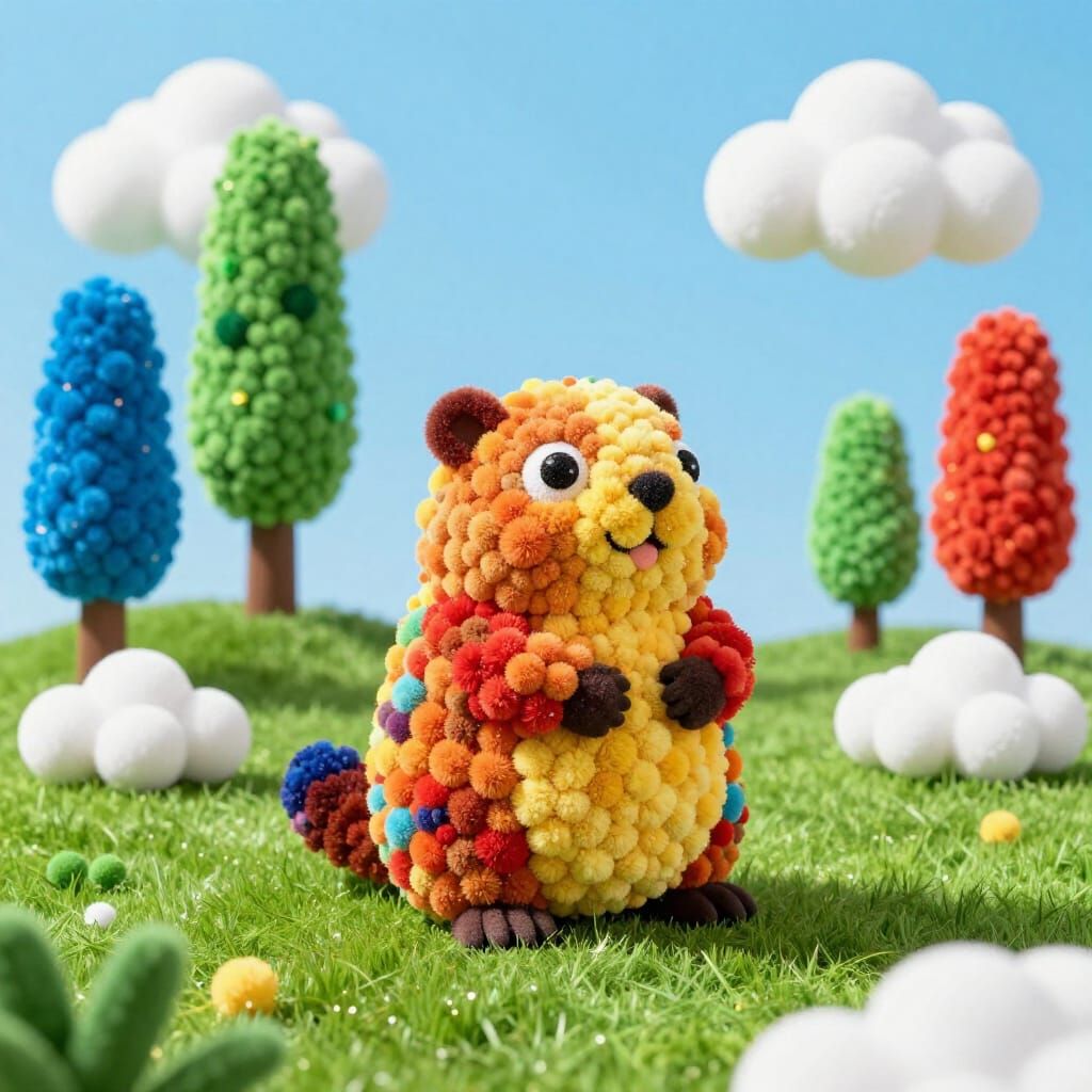 Whimsical Pom-Pom Groundhog Sculpture on Grassy Hill