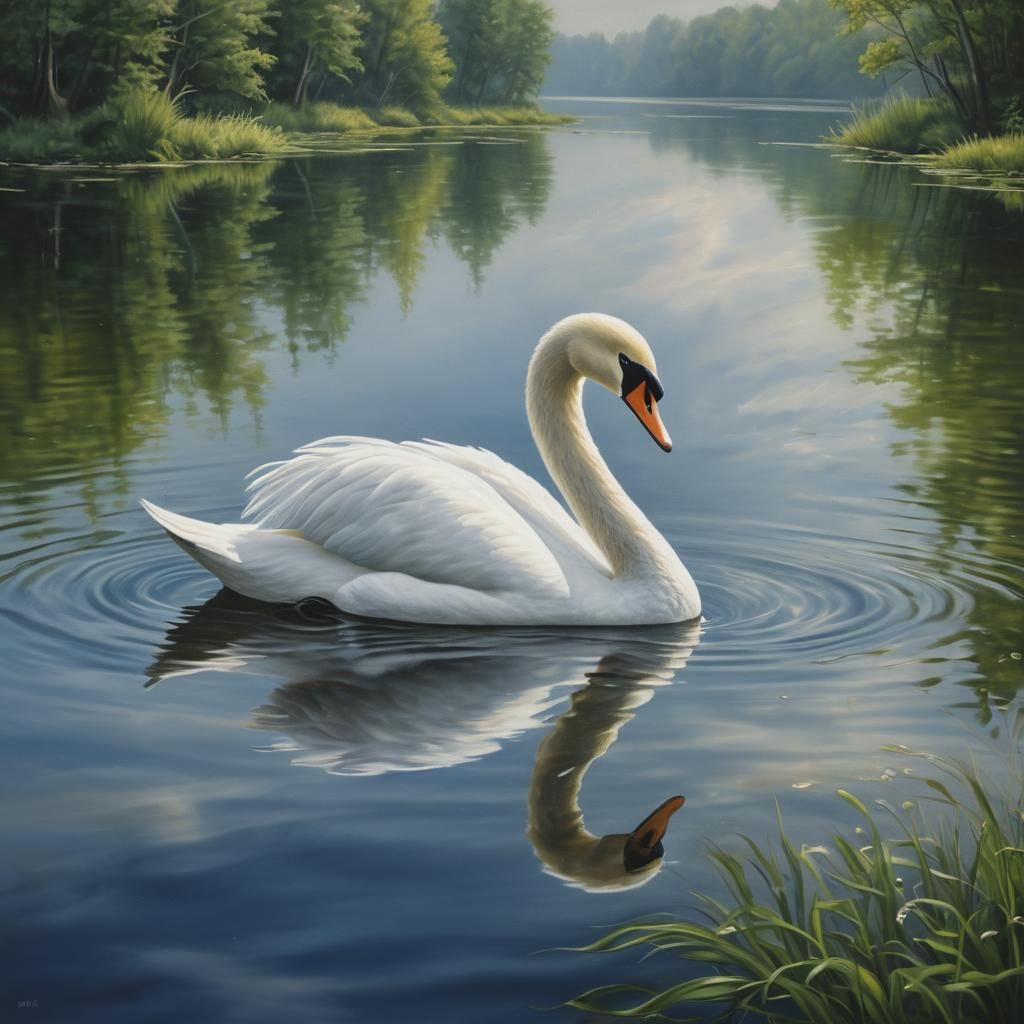 Swan on Lake: Surreal Airbrushed Oil Painting