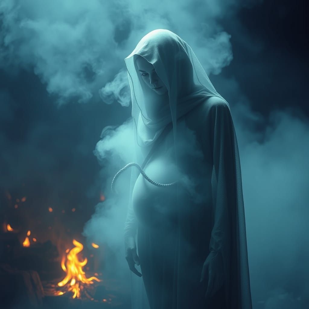 Eerie Figure with Umbilical Cord in Dark Surrealism