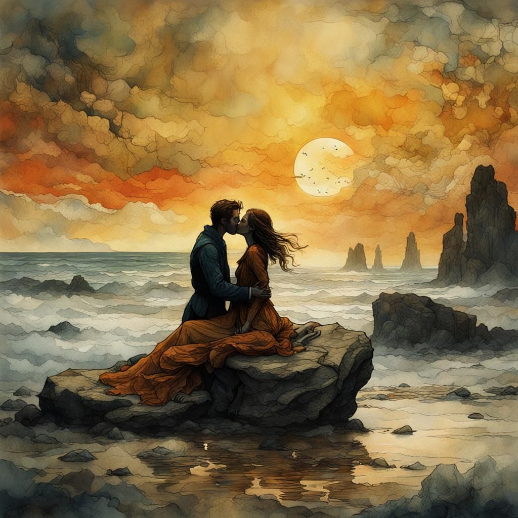 Romantic Beach Kiss at Sunrise: Color Print Art