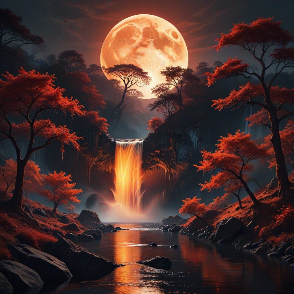 Surreal Waterfall Moonlit Scene in Vibrant Hues