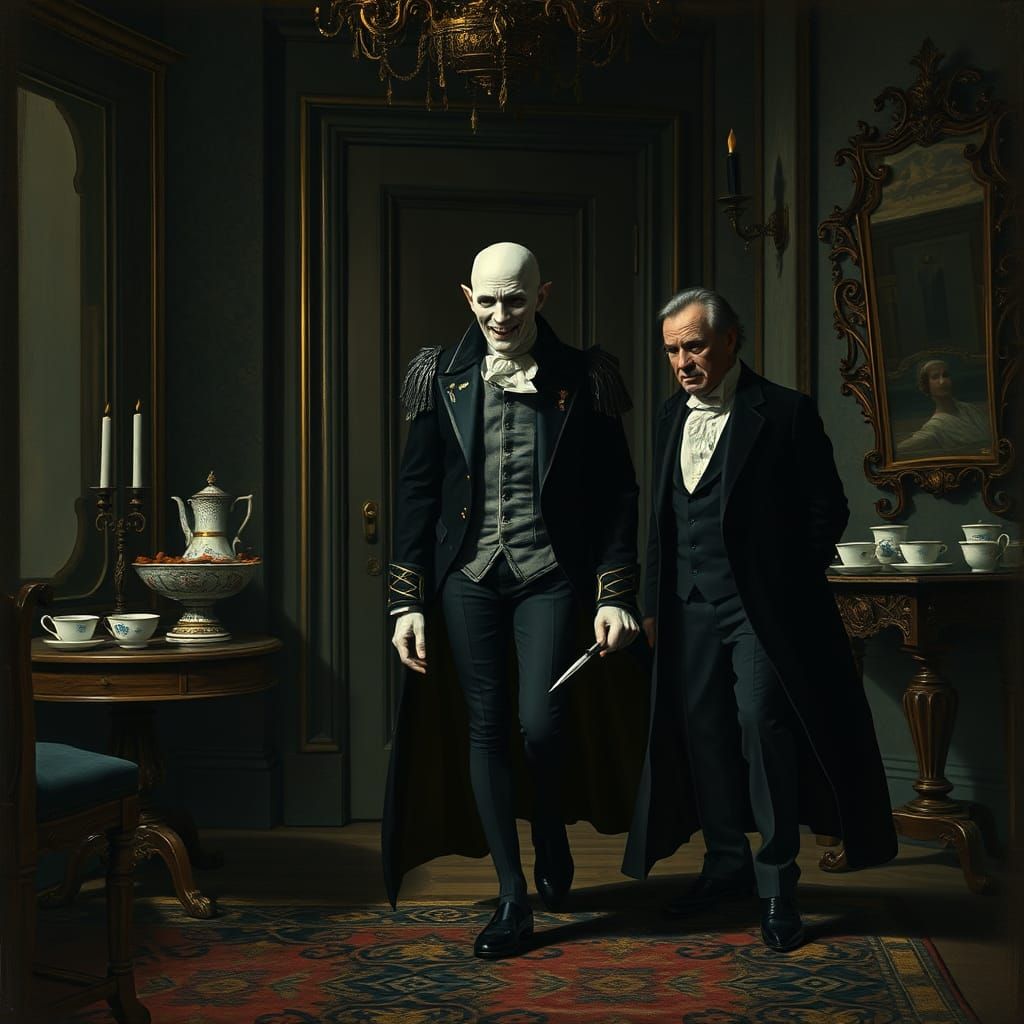 Aristocratic Vampire Enters Chamber in Gothic Style