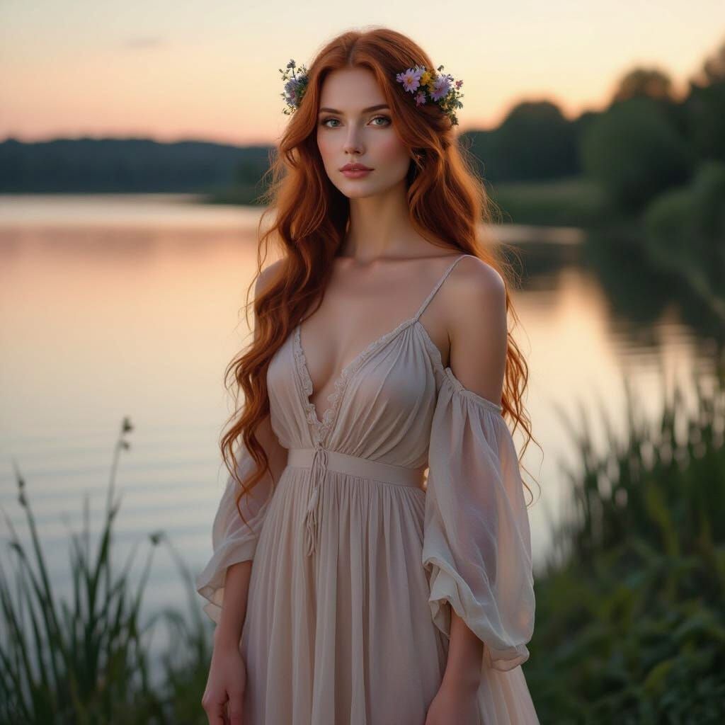 Woman with Flowers by Lake in Pre-Raphaelite Style