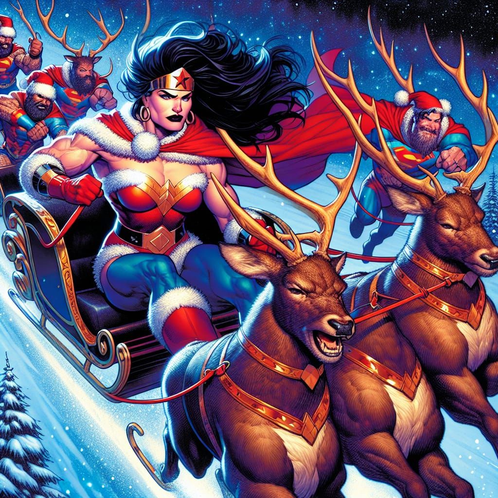 Empowered Amazonian Santa Hero Soars Across the Night Sky