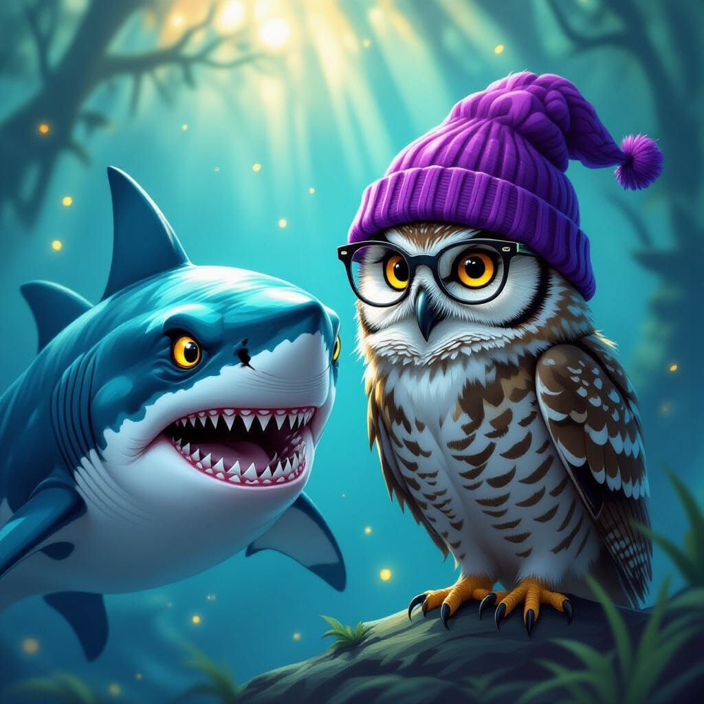 Surreal Shark with Owl in Purple Hat, Digital Painting