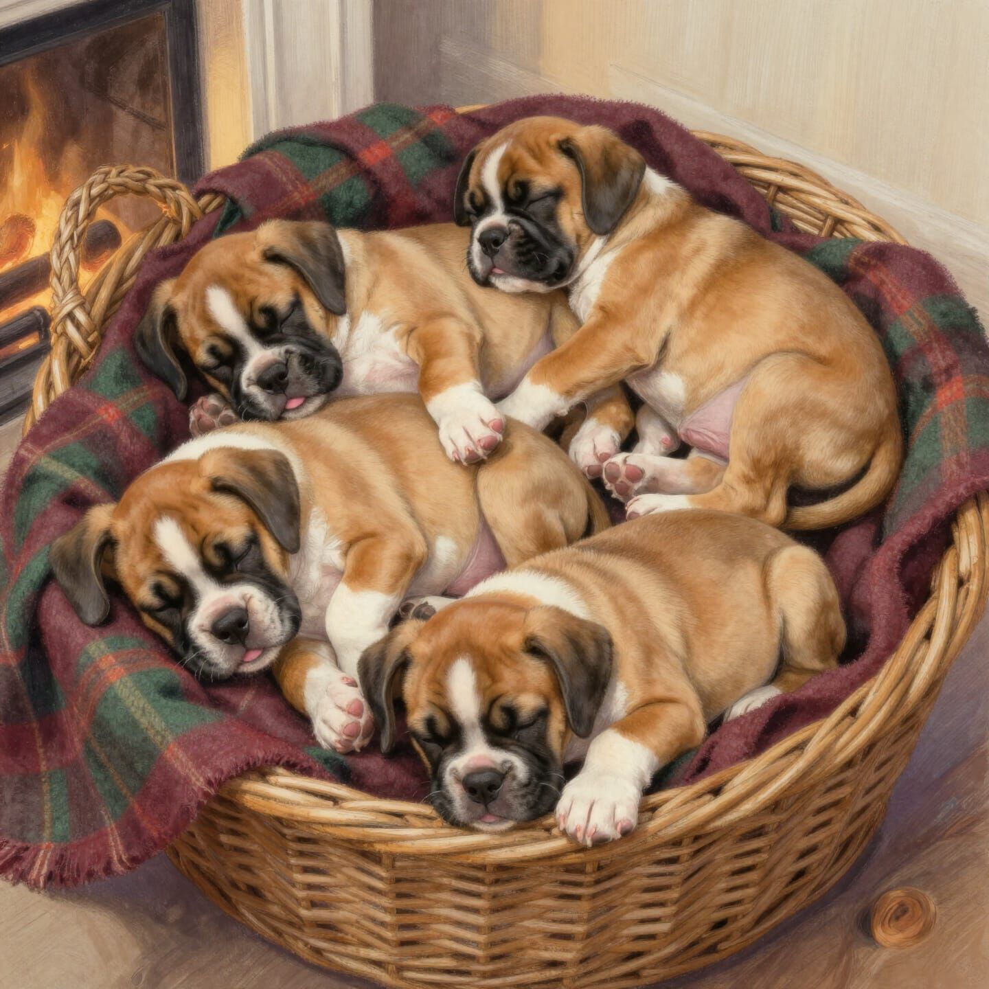 Cozy Boxer Puppy Pile in Wicker Basket