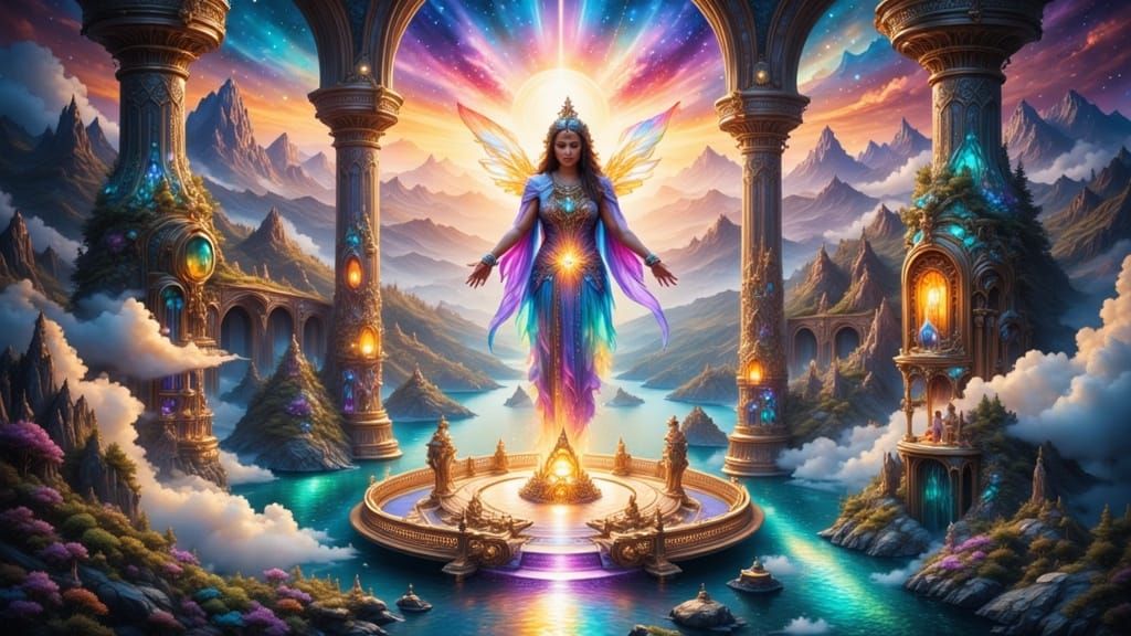 Ethereal City of Light Among Iridescent Clouds