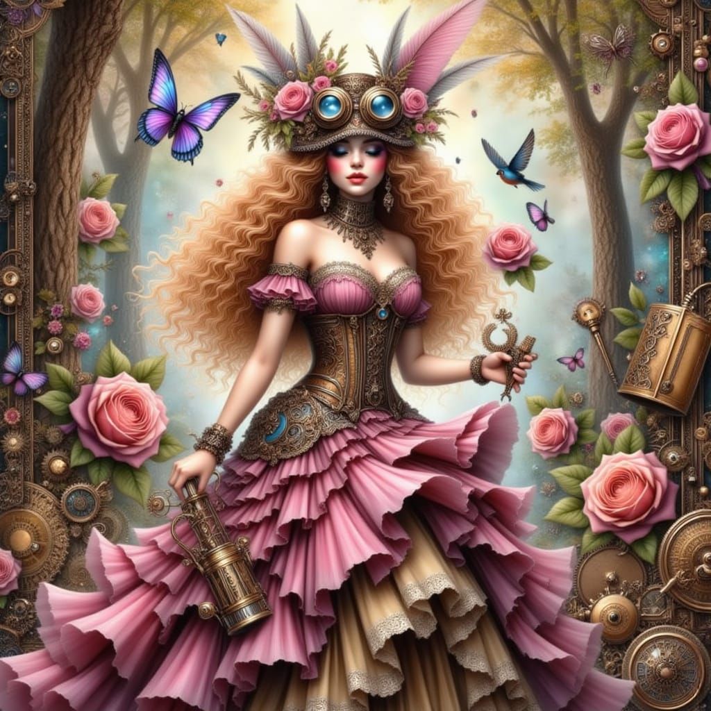 Steampunk Fairy in Whimsical Musical Forest, Inspired by Cos...