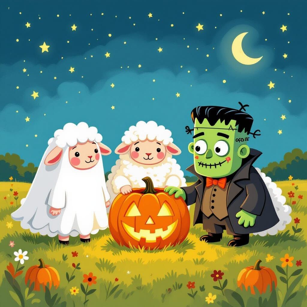 Fluffy Sheep in Halloween Costumes Under Starry Sky