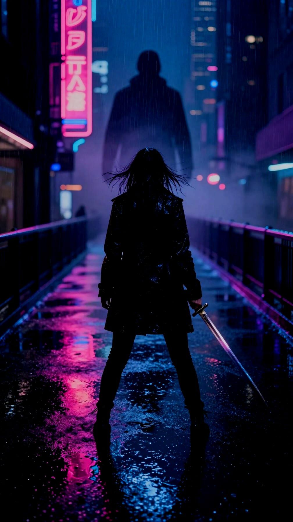 Cinematic Neon City Night Scene with Sword Wielding Silhouet...