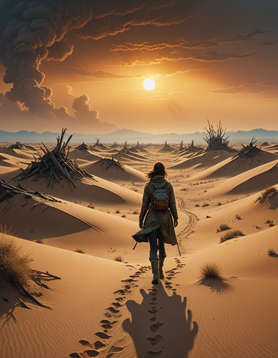 Dystopian Wanderer in Metallic Wasteland: Cinematic Film Sti...