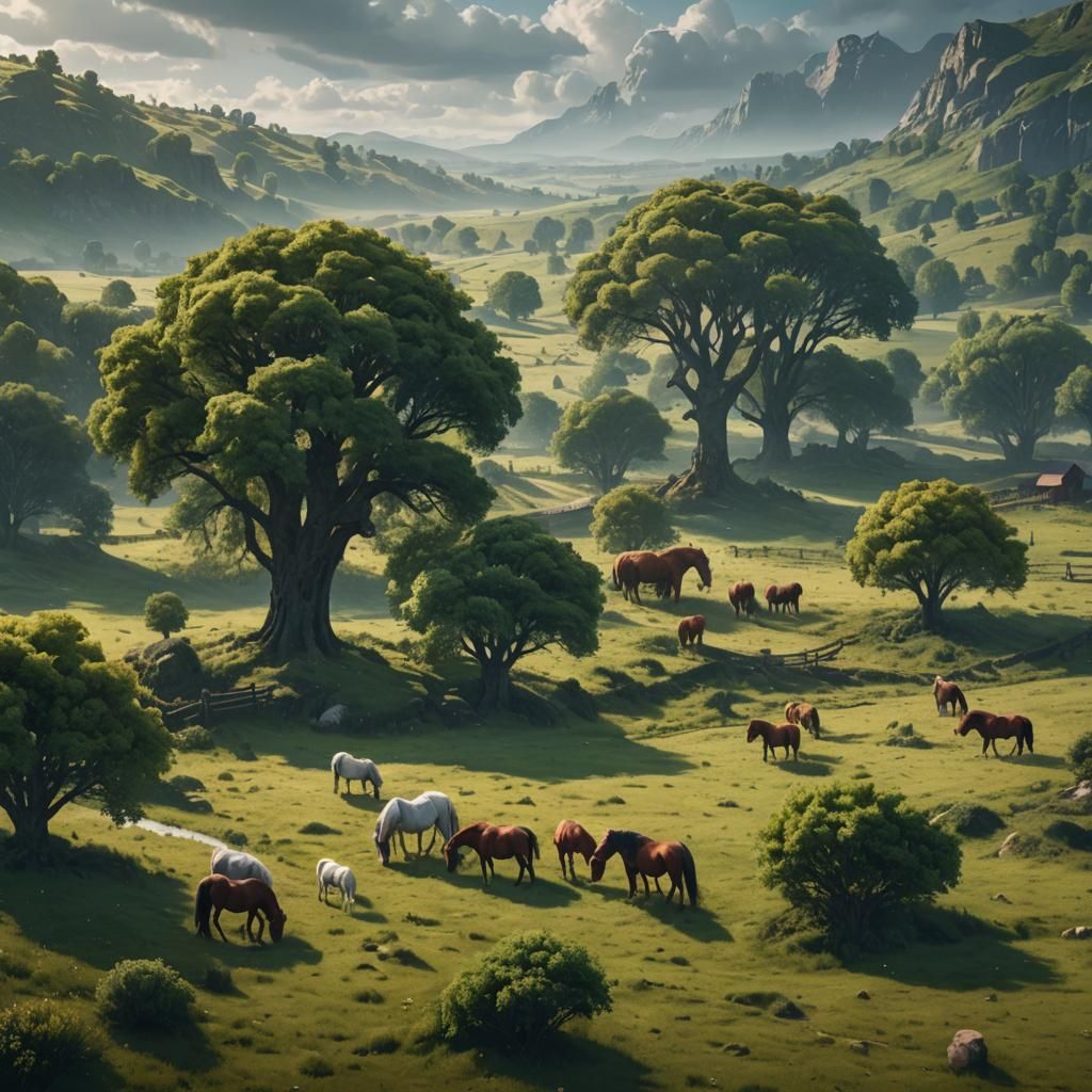 Fantastical Countryside Matte Painting with Grazing Horses