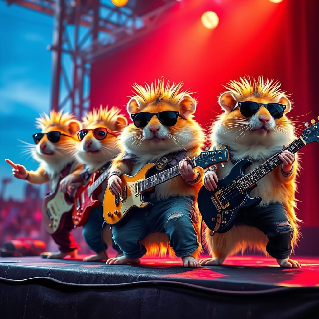 Hamsters Rocking Out as 80s Musicians, Splash Art