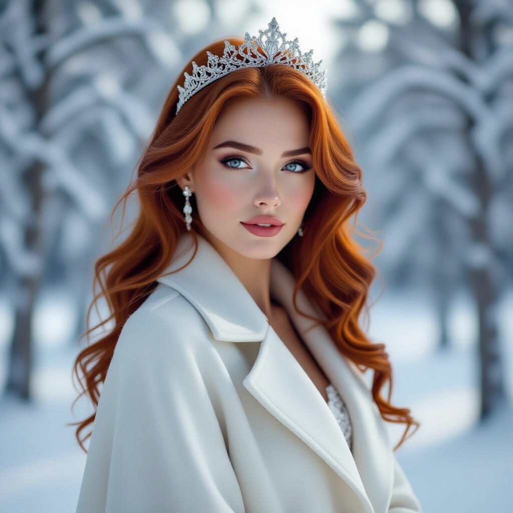 Auburn-Haired Woman in Snowy Forest: Digital Art