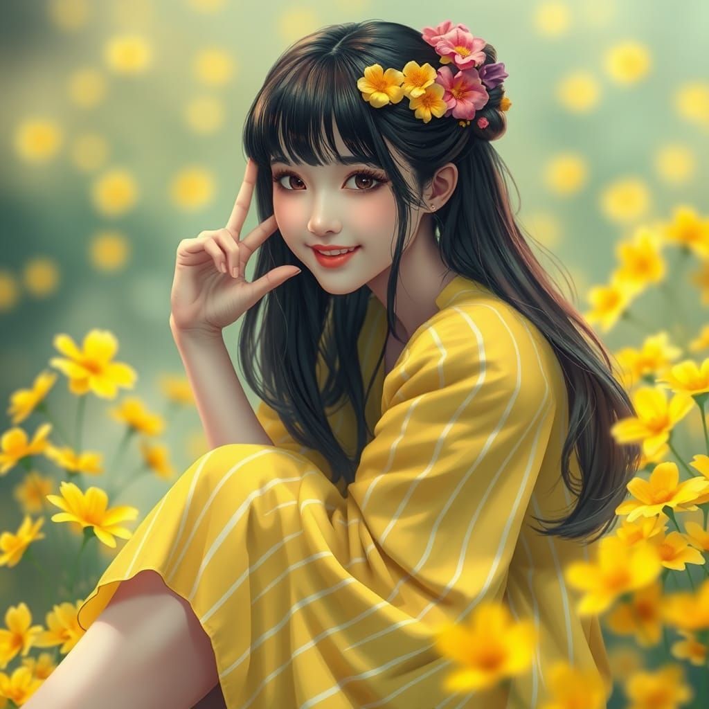 Korean Woman with Flowers in Hair, Detailed Matte Painting