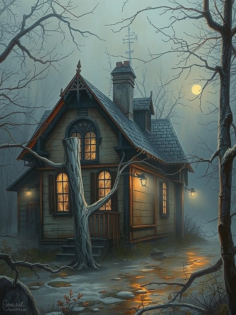 Mysterious, dimly lit old house shrouded in thick, eerie fog, surrounded by twisted, gnarled trees in a dense, misty for...