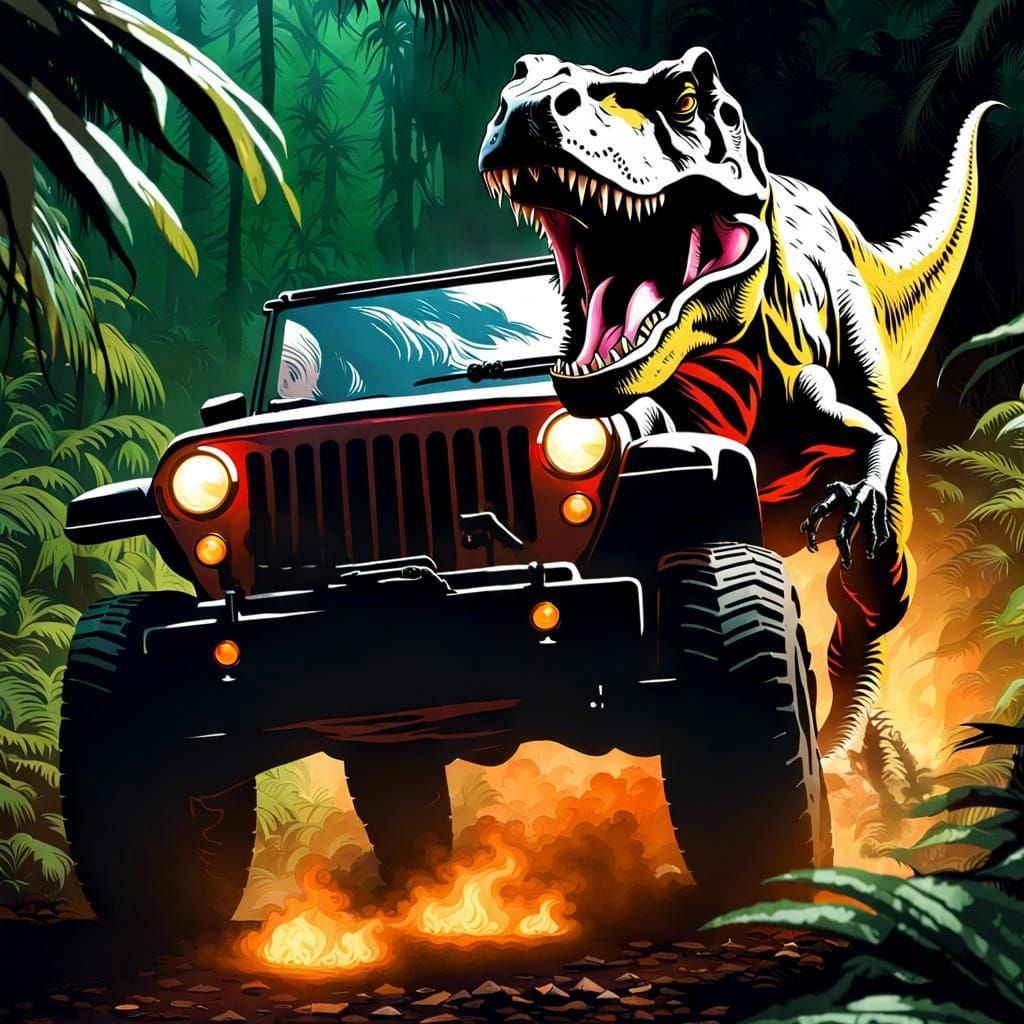 Classic T-Rex Chase in Jurassic Park Movie Scene