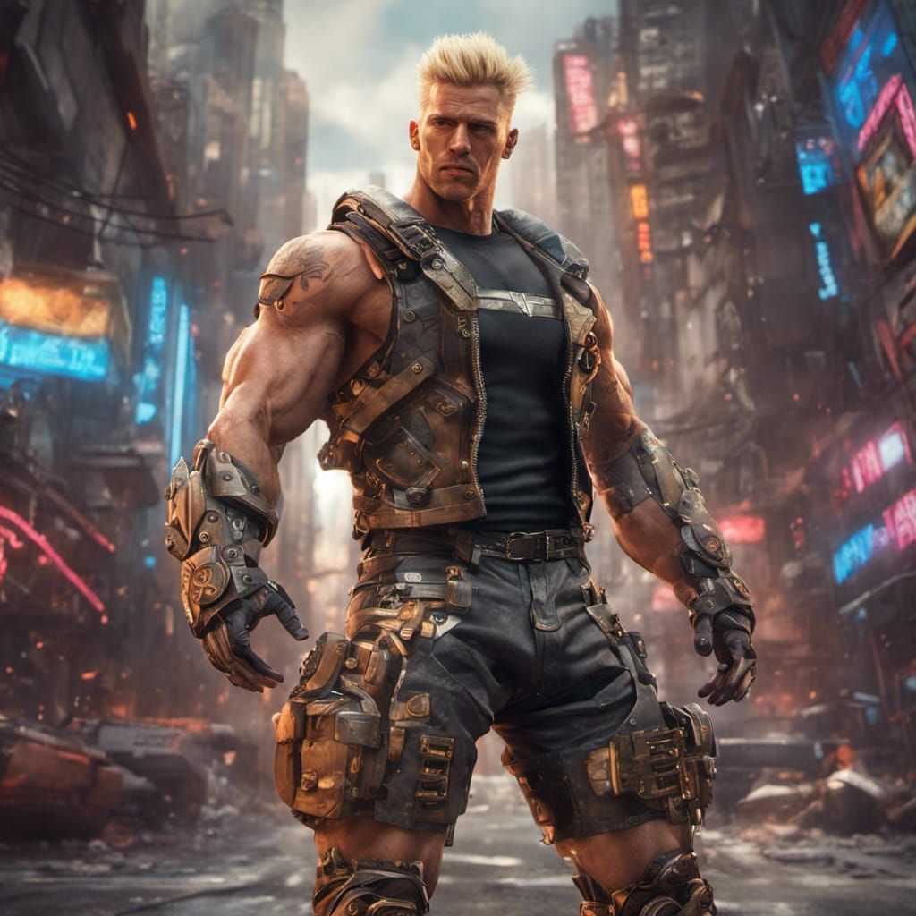 Cyberpunk Muscle-Man in Armored Jacket, Digital Art