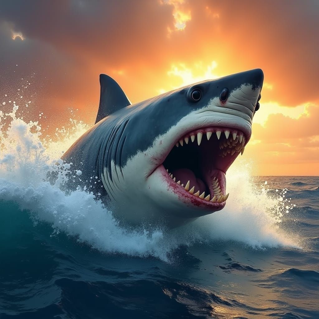 Great White Shark Breaching at Sunset