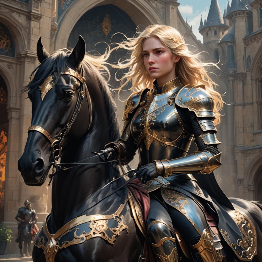 Female Knight on Black Horse, Detailed Portrait