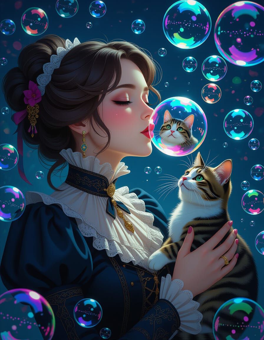 Victorian Woman Blowing Bubble with Cat, in Anime Style