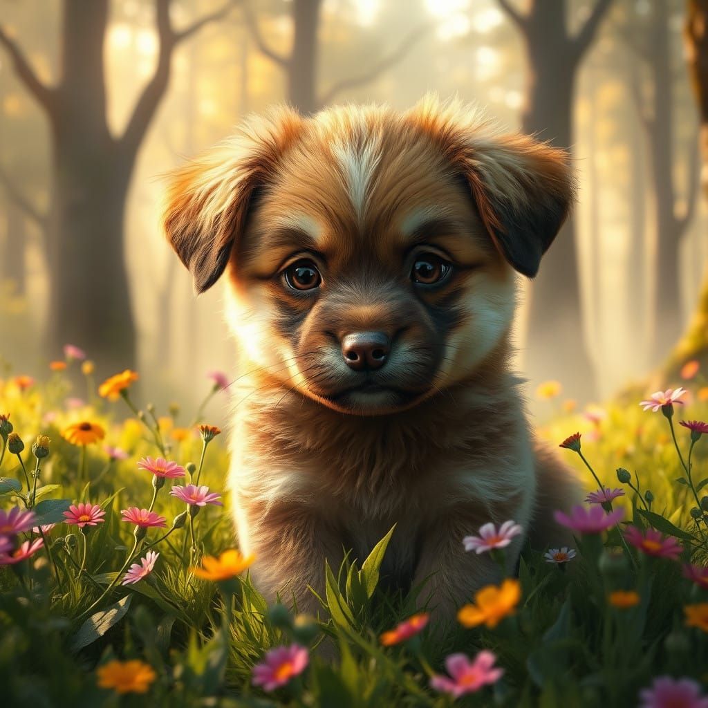 Whimsical Puppy in a Lush Forest Glade