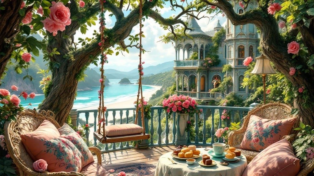 Elegant Victorian Mansion Balcony Oasis in Light Blue Grande...