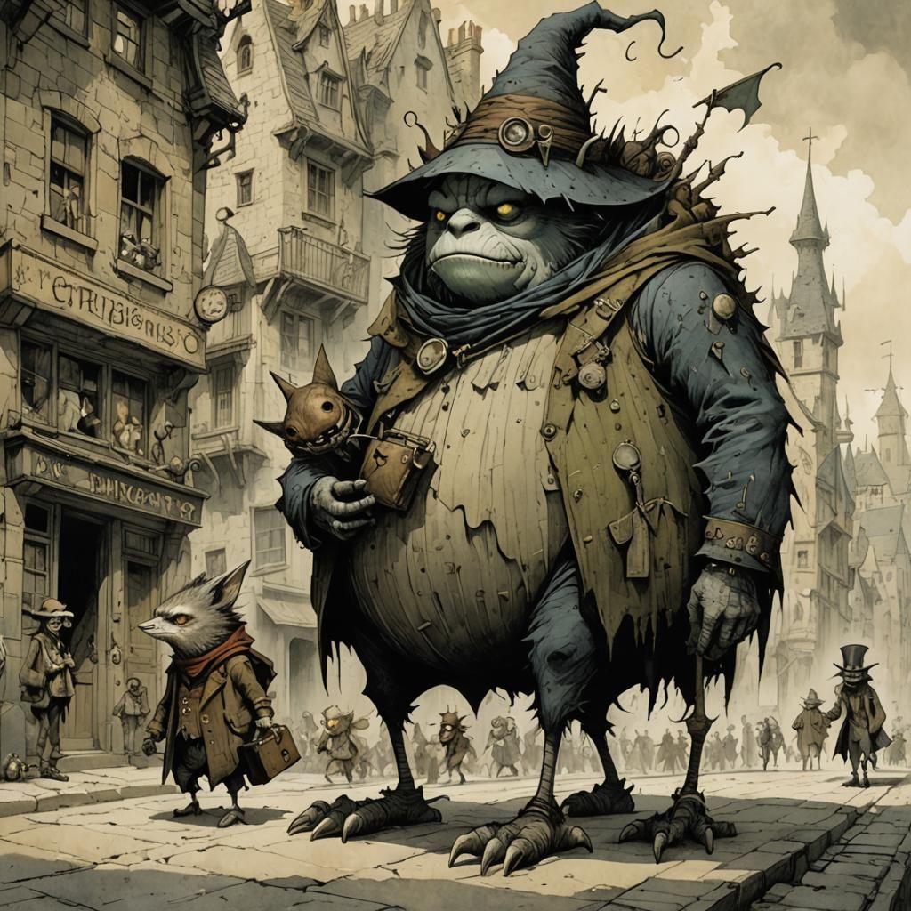 Monstrous Postcard Seller in City, Dark Fairytale Style