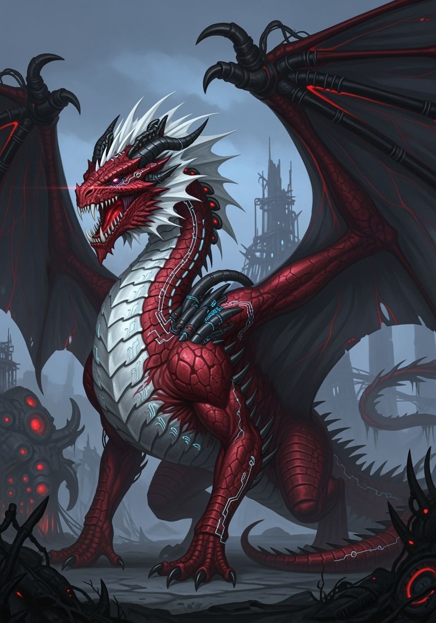 an enormous red dragon, large vampiric fangs and glowing red...