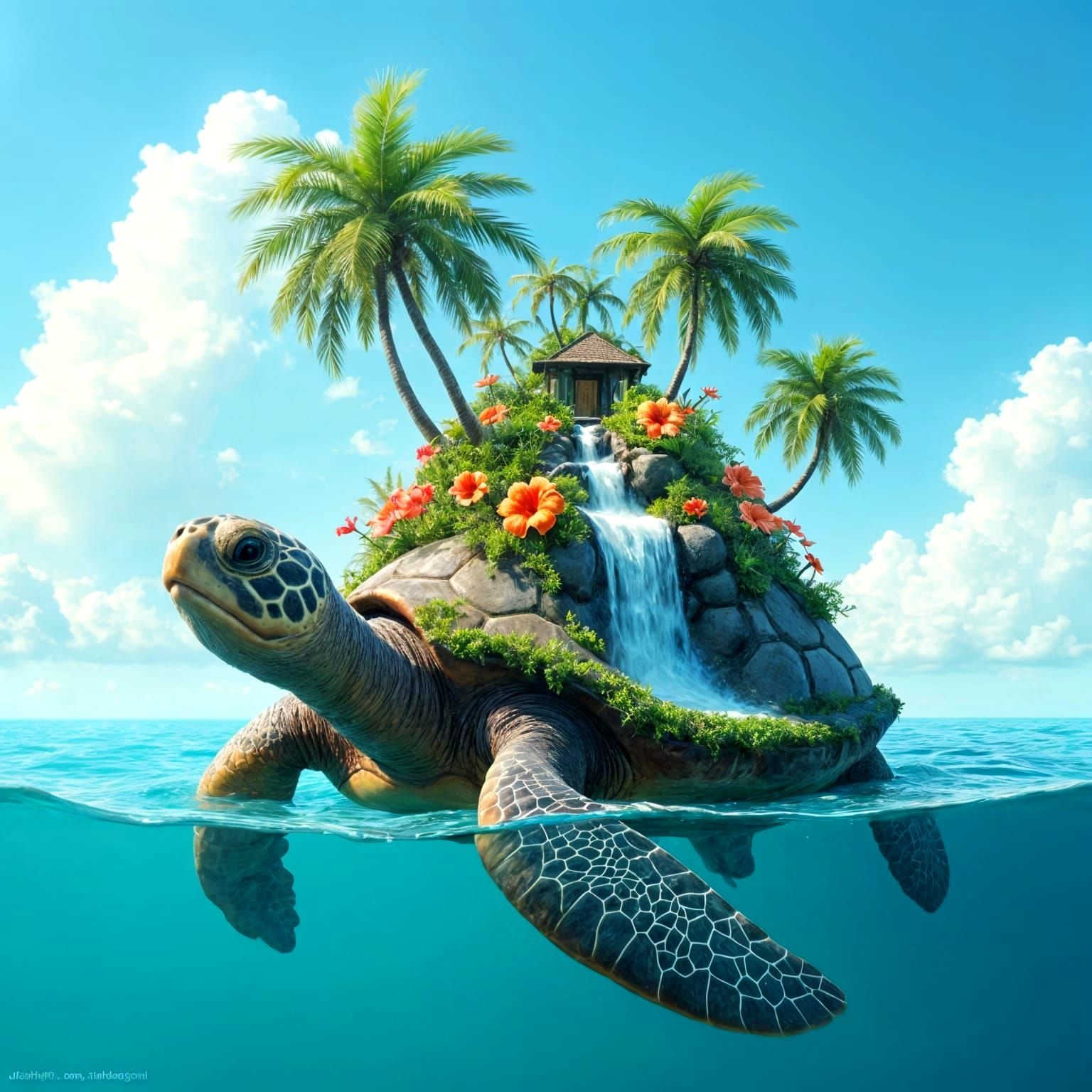 Sea Turtle Island in Vibrant Tropical Aesthetic