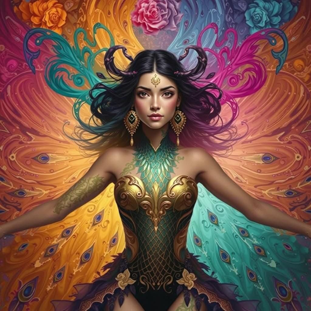 Dragon Peacock Woman in Abstract Fauvism Style